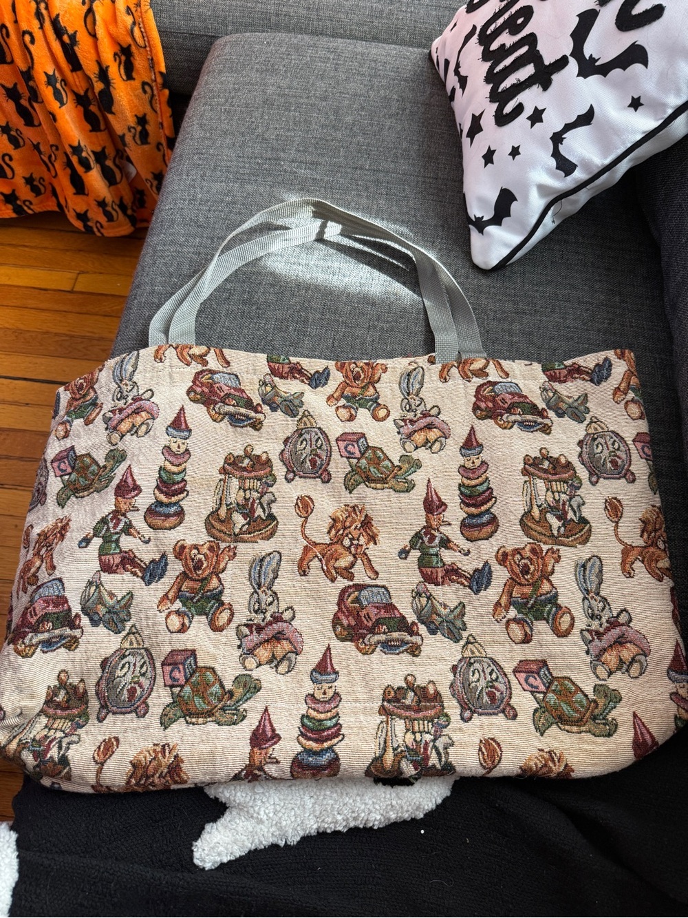 Beige Vintage Toy-Print Tote Bag with Gray Handles